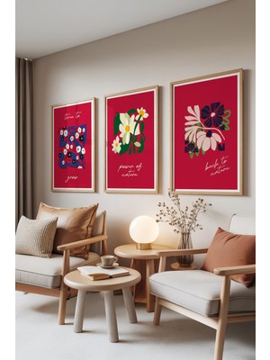 1001 Ahşap Çerçeveli 3’lü Tablo Seti Kırmızı Floral – Modern Çiçek Salon Set 30146, 21 x 30