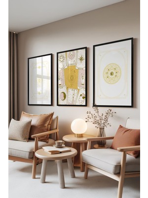 1001 Siyah Çerçeveli 3’lü Tablo Seti Tarot Çizimleri – Soft Sarı Salon Set 30109, 21 x 30