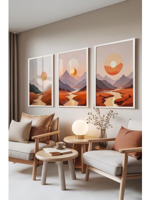 1001 Beyaz Çerçeveli 3’lü Tablo Seti Gün Batımı ve Dağ Manzarası – Turuncu Tonlar Salon Set 3