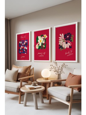 1001 Beyaz Çerçeveli 3’lü Tablo Seti Kırmızı Floral – Modern Çiçek Salon Set 30146, 70 x 100