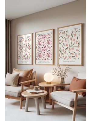 1001 Ahşap Çerçeveli 3’lü Tablo Seti Pembe Çiçek Desenleri Yatak Odası Set 30052, 30 x 40