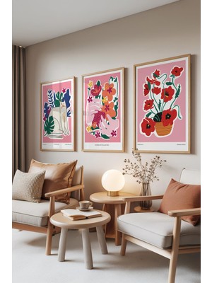 1001 Ahşap Çerçeveli 3’lü Tablo Seti Pembe Modern Çiçek & Illüstrasyon – Salon Set 30143, 30