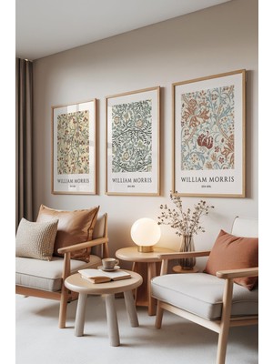 1001 Ahşap Çerçeveli 3’lü Tablo Seti William Morris Desenleri – Floral Stil Salon Set 30121, 21 x