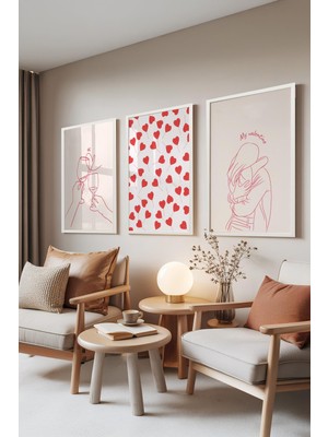 1001 Beyaz Çerçeveli 3’lü Tablo Seti Aşk & Minimal Çizim – Modern Genç Odası Set 30147, 70 x 1