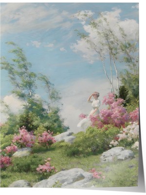 1001 Premium Poster Pastel Tonlarda Bahar Bahçesi Çiçekli Doğa Manzarası Salon Dekoru, 50 x 70