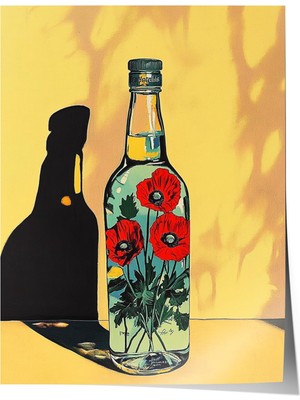 1001 Premium Poster Sarı Işıkta Çiçekli Cam Şişe Sanatsal Natürmort Salon Dekoru, 21 x 30