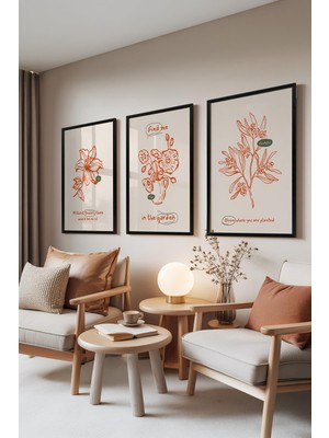 1001 Siyah Çerçeveli 3’lü Tablo Seti Garden Quotes – El Çizimi Çiçekler Yatak Odası Set 30067,