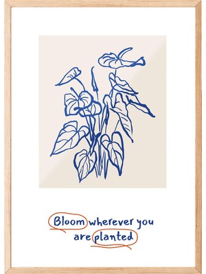 1001 Ahşap Çerçeveli Tablo Mavi Çizim Çiçekler – Minimal Çizgi Sanatı Ofis Dekoru Poster 100911