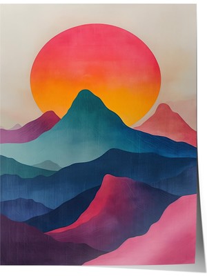 1001 Premium Poster Katmanlı Dağlar ve Güneş Soyut Renk Manzarası Salon Dekoru, 50 x 70