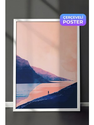 1001 Beyaz Çerçeveli Duvar Tablosu Pastel Tonlarda Kıyı Yolu ve Deniz Manzarası Salon Dekoru, 70 x 1