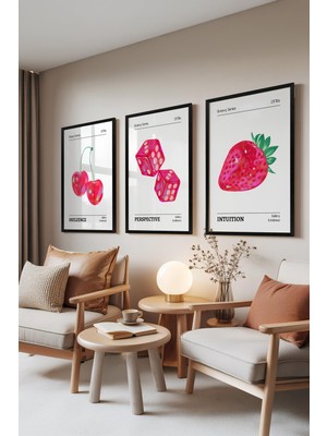 1001 Siyah Çerçeveli 3’lü Tablo Seti Retro Groovy Meyve – Genç Odası Set 30135, 21 x 30