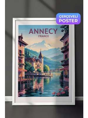 1001 Beyaz Çerçeveli Duvar Tablosu Annecy Fransa Göl ve Dağ Manzarası Salon Dekoru, 50 x 70