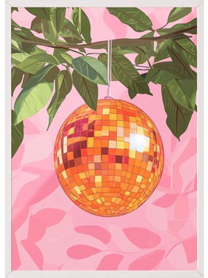 1001 Beyaz Çerçeveli Duvar Tablosu Modern Disko Topu ve Yapraklar Salon Dekoru, 70 x 100