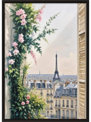 1001 Siyah Çerçeveli Duvar Tablosu Paris Penceresi Salon Dekoru, 70 x 100