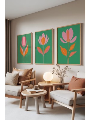 1001 Ahşap Çerçeveli 3’lü Tablo Seti Çiçek Illüstrasyonu – Yeşil Pembe Salon Set 30118, 50 x