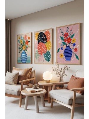 1001 Ahşap Çerçeveli 3’lü Tablo Seti Renkli Vazo Çiçekleri – Tropikal Tarz Salon Set 30008, 50