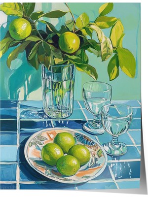1001 Çerçevesiz Poster Yeşil Limonlar ve Bardaklar – Natürmort Mutfak Dekoru Poster 106015, 70 x 10