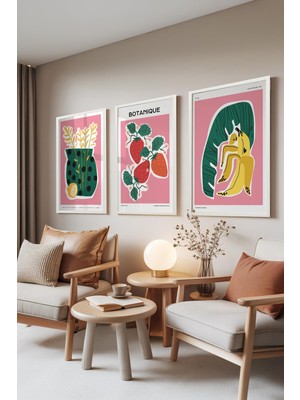 1001 Beyaz Çerçeveli 3’lü Tablo Seti Çilek Limon Muz Çizimleri – Mutfak Set 30144, 10 x 15