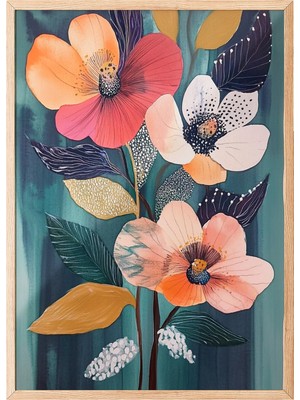 1001 Ahşap Çerçeveli Tablo Somon Çiçek ve Koyu Yapraklar Salon Dekoru Poster 105824, 70 x 100