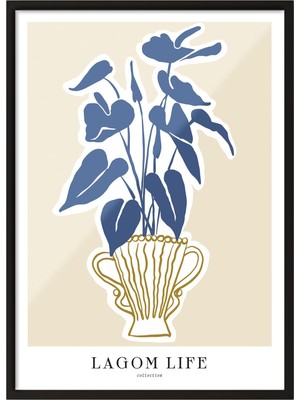 1001 Siyah Çerçeveli Tablo Mavi Yapraklı Bitki – Lagom Stil Salon Dekoru Poster 100998, 15 x 21