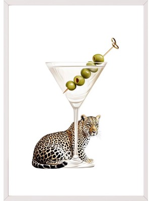 1001 Beyaz Çerçeveli Duvar Tablosu Leoparlı Martini Illüstrasyonu – Modern Beyaz Fon Salon Dekoru,