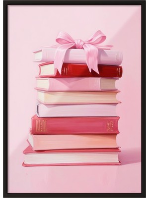 1001 Siyah Çerçeveli Tablo Pembe Kurdeleli Kitaplar – Feminen Sanat Genç Odası Dekoru Poster 103523