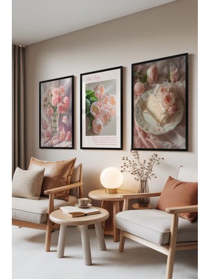 1001 Siyah Çerçeveli 3’lü Tablo Seti Pembe Lale ve Vazo Görseli Yatak Odası Set 30054, 50 x 70