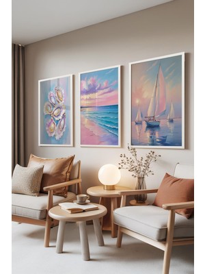 1001 Beyaz Çerçeveli 3’lü Tablo Seti Sea Dreams – Sahil ve Yelkenli Salon Set 30104, 30 x 40