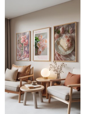 1001 Ahşap Çerçeveli 3’lü Tablo Seti Pembe Lale ve Vazo Görseli Yatak Odası Set 30054, 21 x 30