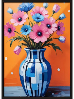 1001 Siyah Çerçeveli Tablo Mavi Vazo ve Canlı Çiçekler – Botanik Mutfak Dekoru Poster 100694, 50 x