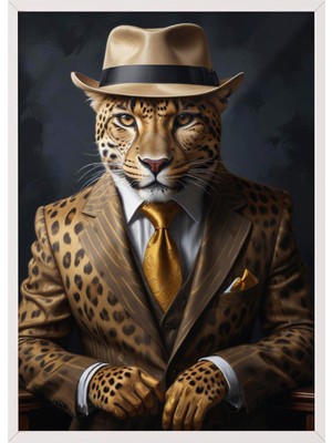 1001 Beyaz Çerçeveli Duvar Tablosu Altın Takımlı Leopar Portresi – Şapkalı Modern Stil Salon Dek