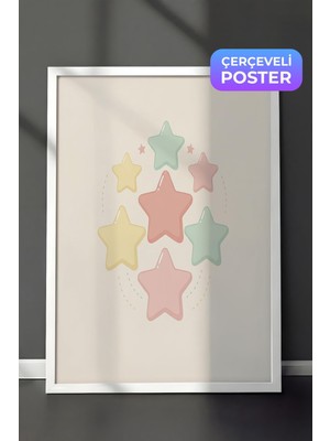 1001 Beyaz Çerçeveli Duvar Tablosu Pastel Yıldızlar Gökyüzü Rüyası Minimal Çocuk Odası Dekoru,