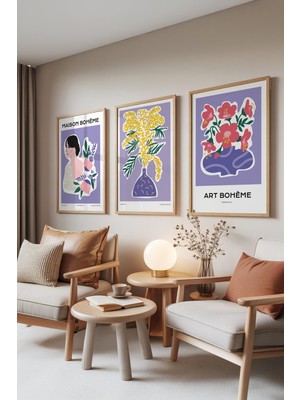 1001 Ahşap Çerçeveli 3’lü Tablo Seti Bohem Çiçek & Portre Tasarım – Salon Set 30138, 10 x 15
