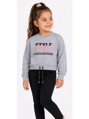 Kız Çocuk Önü Style Yazı Desenli Beli Bağlamalı Gri Renk Sweatshirt