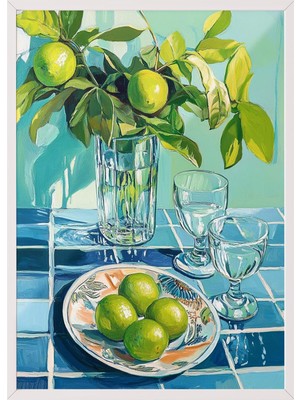 1001 Beyaz Çerçeveli Tablo Yeşil Limonlar ve Bardaklar – Natürmort Mutfak Dekoru Poster 106015, 15