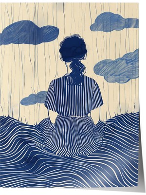 1001 Premium Poster Dalgalar Üzerinde Oturan Kadın Figürü Minimal Yatak Odası Dekoru, 21 x 30