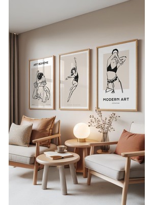 1001 Ahşap Çerçeveli 3’lü Tablo Seti Dancing Lines – Modern Figürler Ofis Set 30105, 30 x 40