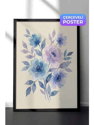 1001 Siyah Çerçeveli Duvar Tablosu Mavi Lila Sulu Boya Çiçeklerin Zarif Dansı Salon Dekoru, 21 x 30