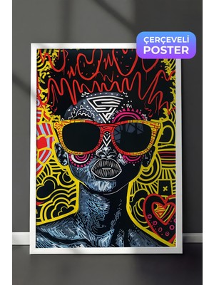 1001 Beyaz Çerçeveli Duvar Tablosu Renkli Desenlerle Pop Art Kedi Figürü Salon Dekoru, 50 x 70