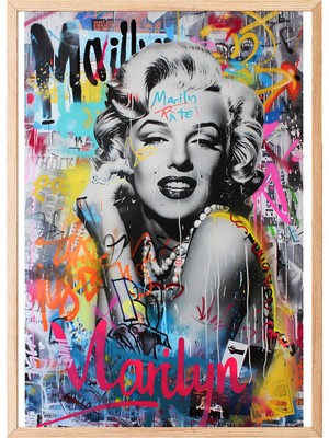 1001 Ahşap Çerçeveli Tablo Marilyn Monroe Graffiti Arka Plan Pop Art Tarzı Poster 106530, 30 x 40