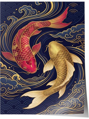 1001 Premium Poster Gece Mavisinde Altın Koi Ihtişamı Salon Dekoru, 10 x 15
