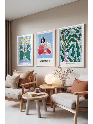 1001 Beyaz Çerçeveli 3’lü Tablo Seti Iskandinav Çiçek ve Portre – Salon Set 30142, 21 x 30