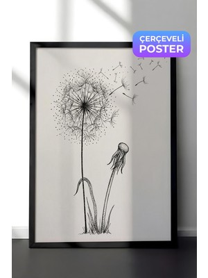 1001 Siyah Çerçeveli Duvar Tablosu Karahindiba Çiçeği Siyah Beyaz Çizim Salon Dekoru, 50 x 70