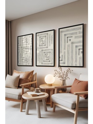 1001 Siyah Çerçeveli 3’lü Tablo Seti Gri Geometrik Desenler – Modern Çizgiler Ofis Set 30032, 10
