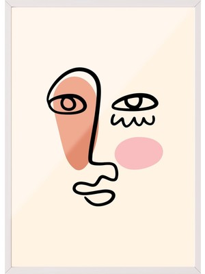 1001 Beyaz Çerçeveli Tablo Soyut Yüz Line Art - Modern Minimal Ofis Dekoru Poster 101966, 30 x 40