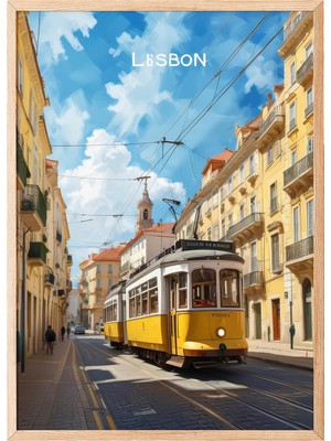 1001 Ahşap Çerçeveli Duvar Tablosu Lizbon Tramvay Manzarası – Sarı ve Mavi Tonlar Salon Dekoru, 10