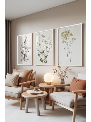 1001 Beyaz Çerçeveli 3’lü Tablo Seti Botanik Çiçek Çizimi – Soft Renkler Salon Set 30124, 70 x