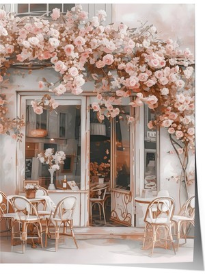 1001 Premium Poster Çiçeklerle Sarılı Romantik Paris Kafe Sokak Manzarası Salon Dekoru, 30 x 40