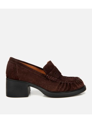 Hotiç Kadın Süet Deri Kahverengi Kalın Topuklu Klasik Loafer