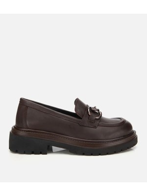 Hotiç Kadın Deri Kahverengi Tokalı Yüksek Tabanlı Klasik Loafer